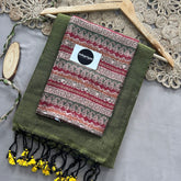 Light Mehndi Handloom Khadi Cotton Saree With Multi Color Print Blouse